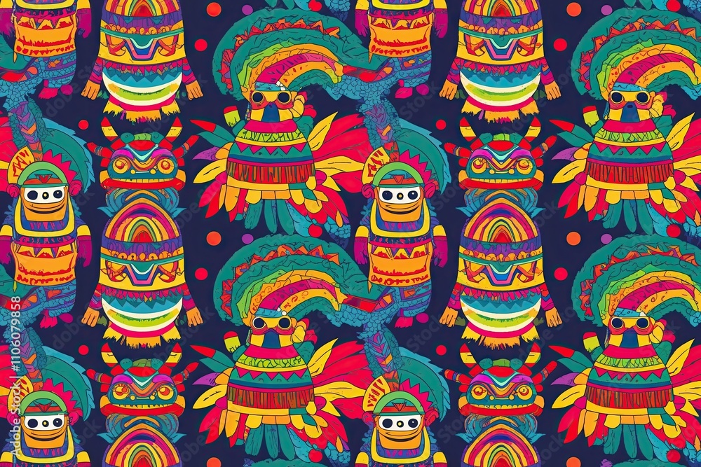Fototapeta premium Colorful Whimsical Aztec Creature Cartoon Pattern - Vibrant 80s Engaging Background