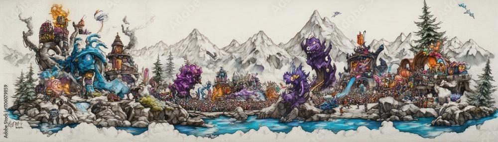 Obraz premium A whimsical landscape featuring colorful creatures and unique homes amidst mountains and water.