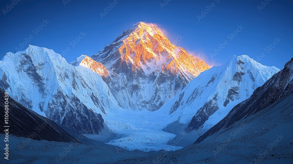 Majestic view of a snow-capped mountain peak at sunrise. Majestic view of a snow-capped mountain peak at sunrise.