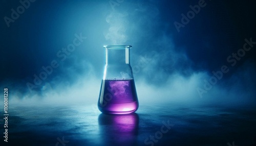 chemical glass with purple liquid on a blue-purple mysthical foggy background photo