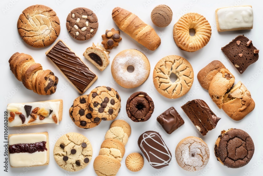 Variety of assorted baked goods. Assortment of cookies, breadstuff on a white background, full frame. Various kinds of pastries arrangement. Healthy snacks. Bakery products. Bread making business. Variety of assorted baked goods. Assortment of cookies, breadstuff on a white background, full frame. Various kinds of pastries arrangement. Healthy snacks. Bakery products. Bread making business.