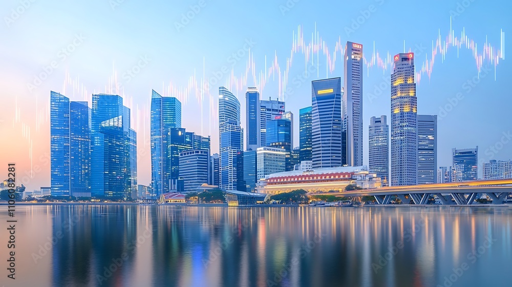 A realistic digital chart showing rising profits overlaid on a photo of a city skyline A realistic digital chart showing rising profits overlaid on a photo of a city skyline