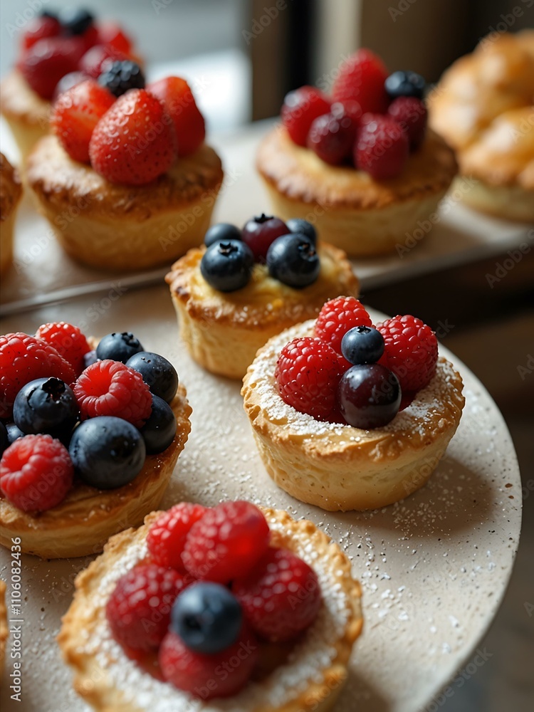 French pastries with berries in a chic bakery. French pastries with berries in a chic bakery.