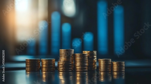 A bar graph with ascending blue bars and stacks of gold coins around the base