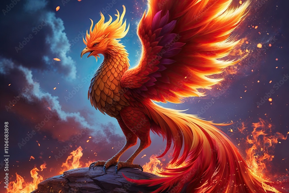 Vibrant Fire Phoenix Rising with Fiery Particles and Flames Vibrant Fire Phoenix Rising with Fiery Particles and Flames