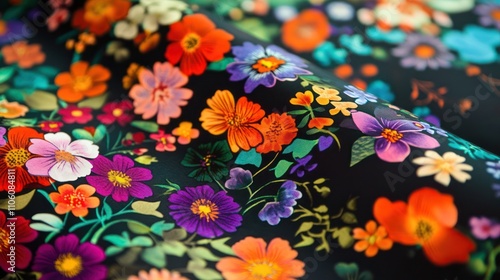 Vibrant Floral Textile: A Close-Up of Colorful Blooms on Dark Fabric