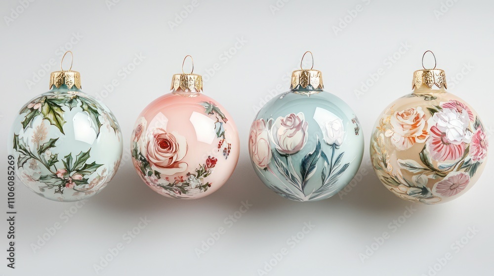 Delicate Victorian-style glass ornaments with floral designs and muted pastel colors, perfect for a traditional Christmas tree Delicate Victorian-style glass ornaments with floral designs and muted pastel colors, perfect for a traditional Christmas tree