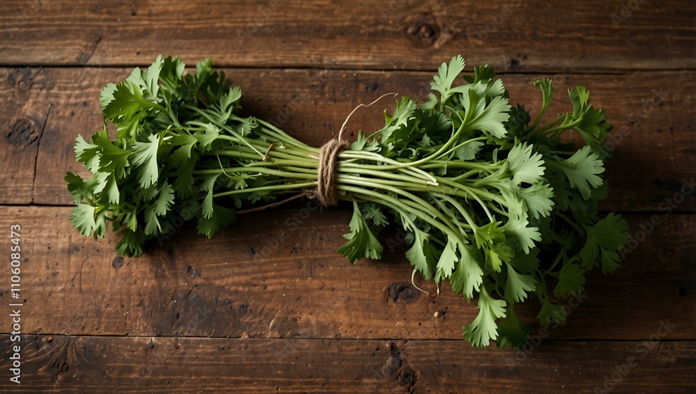 Fresh cilantro bundle on rustic wooden table.