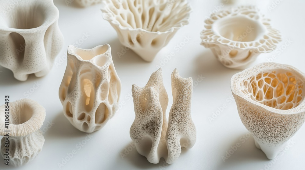 Intricate ceramic art sculptures display unique organic designs Intricate ceramic art sculptures display unique organic designs
