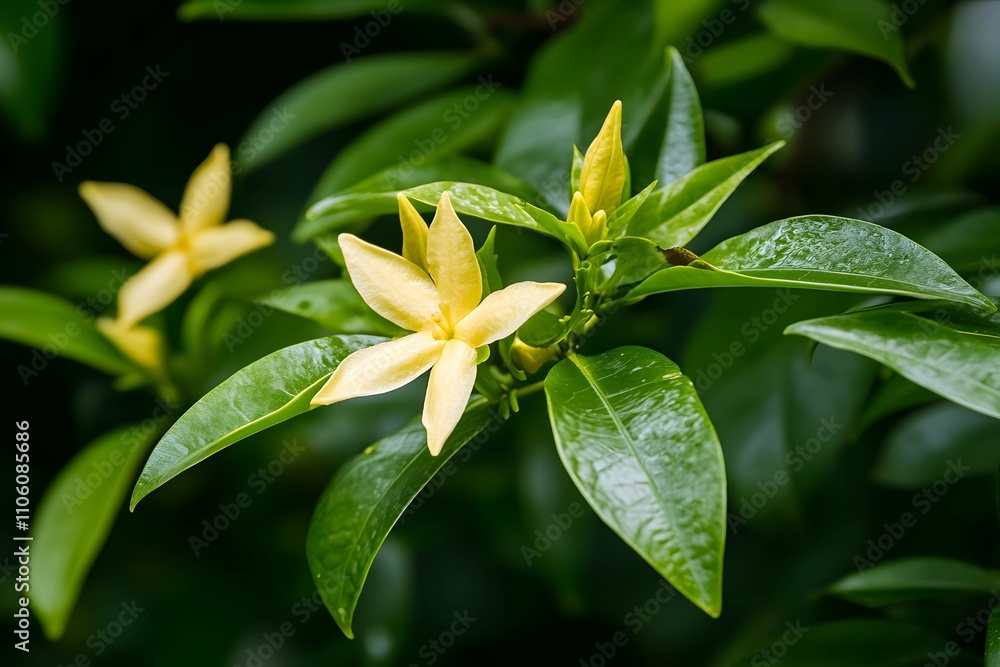 Fototapeta premium Close up of little yellow flower with green leaf