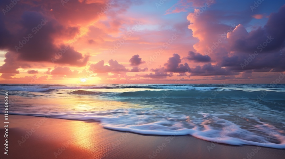 Fototapeta premium Serene Beach at Sunset With Vibrant Pastel Colors and Tranquil Waves