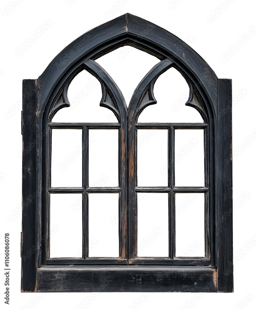 old weathered wooden window frame, burnt black window. cutout old weathered wooden window frame, burnt black window. cutout