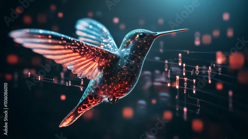 Hummingbird made of digital particles flying through binary code data stream, concept of nature and technology connection