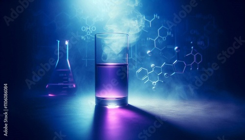 chemical glass with purple liquid on a blue-purple mysthical foggy background photo