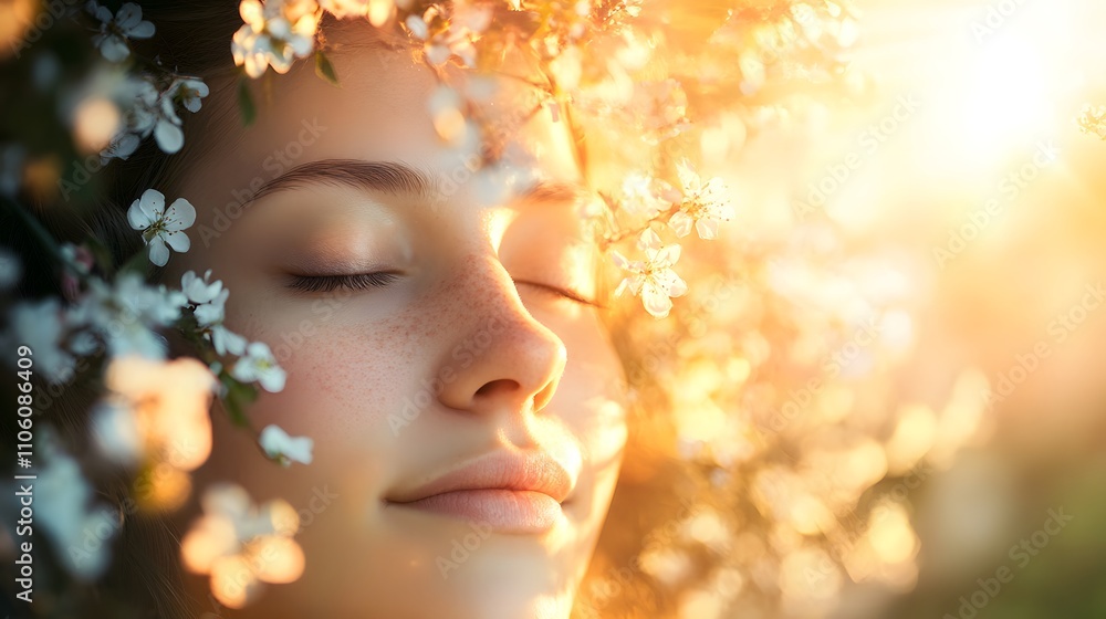 Fototapeta premium Serene Beauty of a Young Woman Surrounded by Blossoming Flowers and Bathed in Warm Sunlight, Capturing the Essence of Nature and Tranquility