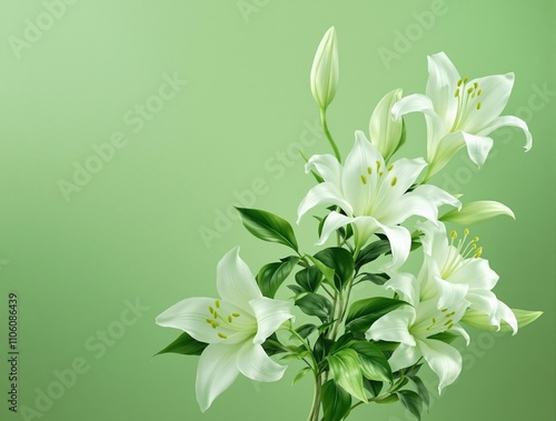 Bright and airy composition of white lilies with verdant green leaves on a green backdrop, airy, light