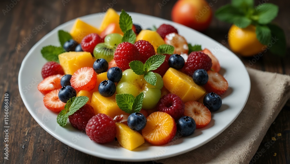 Fresh fruit salad with flowers and mint on a white plate. Fresh fruit salad with flowers and mint on a white plate.