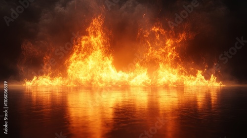 A fire is burning in the water