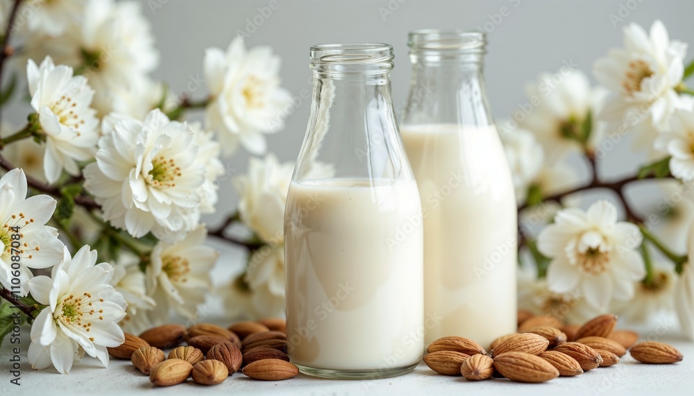 Almond milk in bottles with almonds and flowers, fresh beverage display, copy space Almond milk in bottles with almonds and flowers, fresh beverage display, copy space