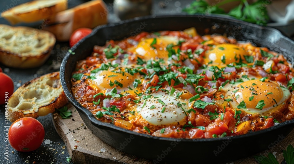 Rustic cast iron skillet filled with shakshuka Rustic cast iron skillet filled with shakshuka