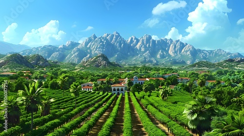 Aerial View of Vineyard With Mountains