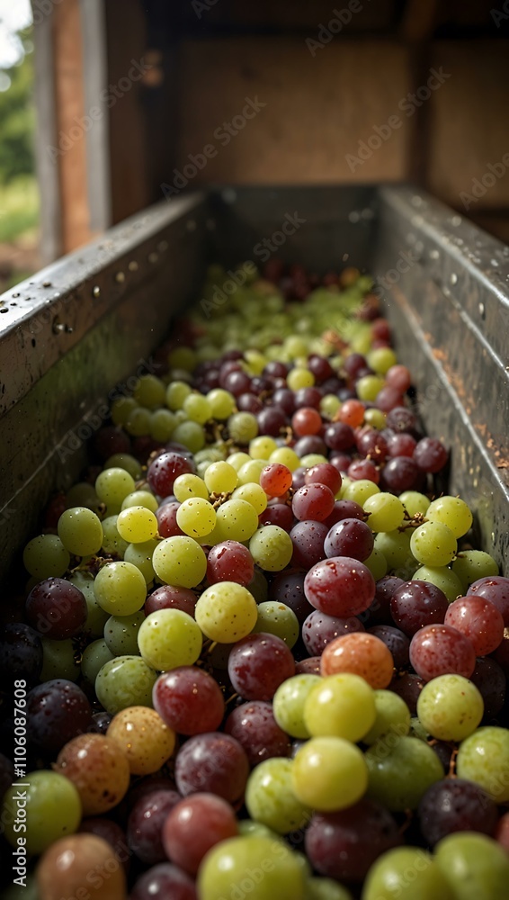 Fresh grapes falling into crushing machinery at a winery. Fresh grapes falling into crushing machinery at a winery.