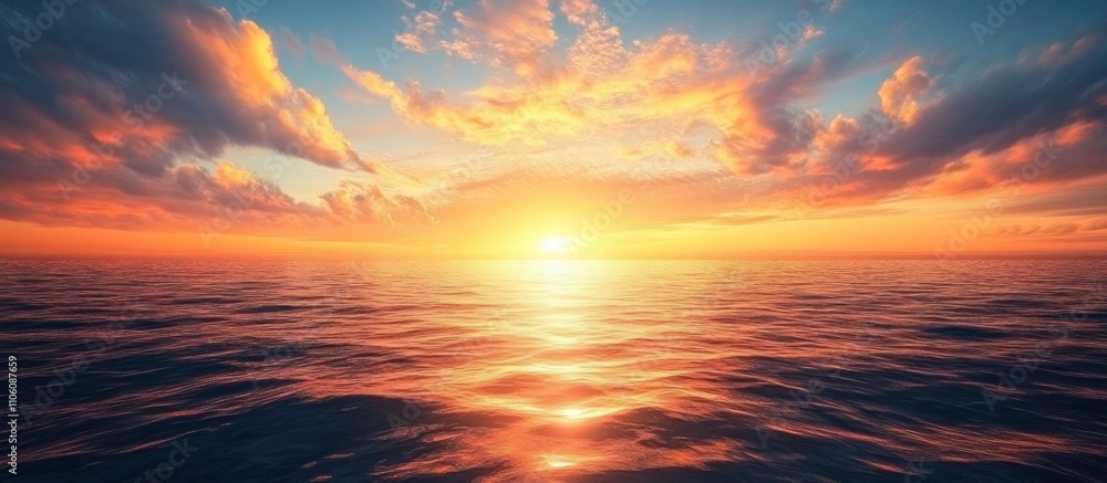 Golden sunset over the ocean with clouds reflecting on the water. Golden sunset over the ocean with clouds reflecting on the water.