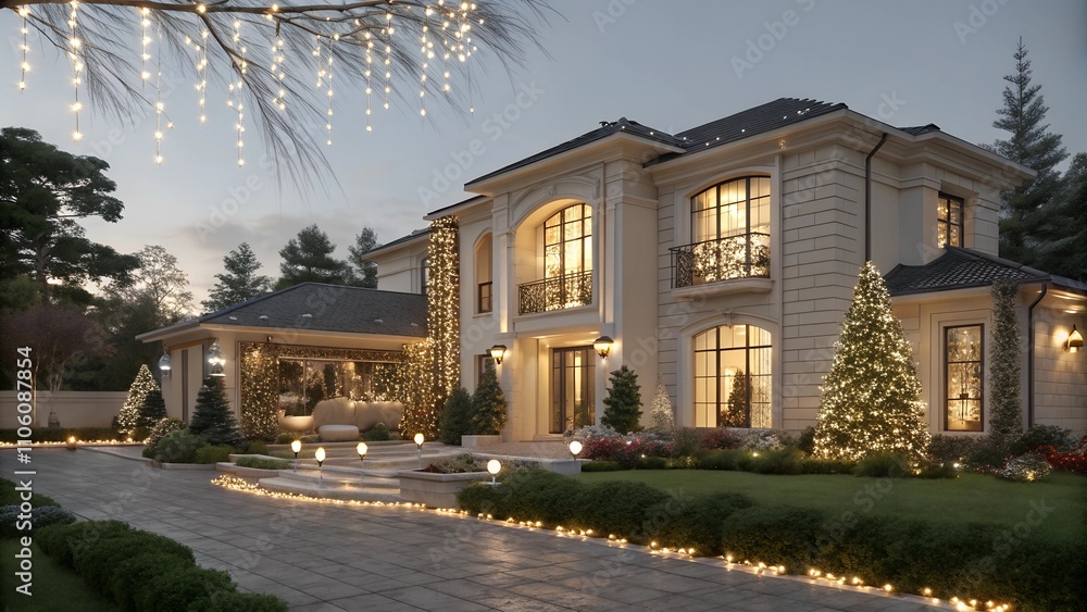 Fototapeta premium Elegant house decorated with festive lights and Christmas tree in the yard during twilight