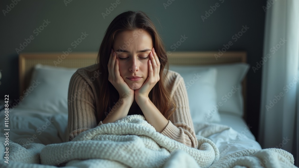 A woman is seated on her bed, her hands resting on her face as she contemplates her thoughts. Soft morning light filters through the window, adding a calm atmosphere A woman is seated on her bed, her hands resting on her face as she contemplates her thoughts. Soft morning light filters through the window, adding a calm atmosphere