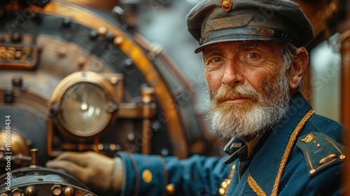 Train operator in a vintage steam locomotive dressed in uniform photo