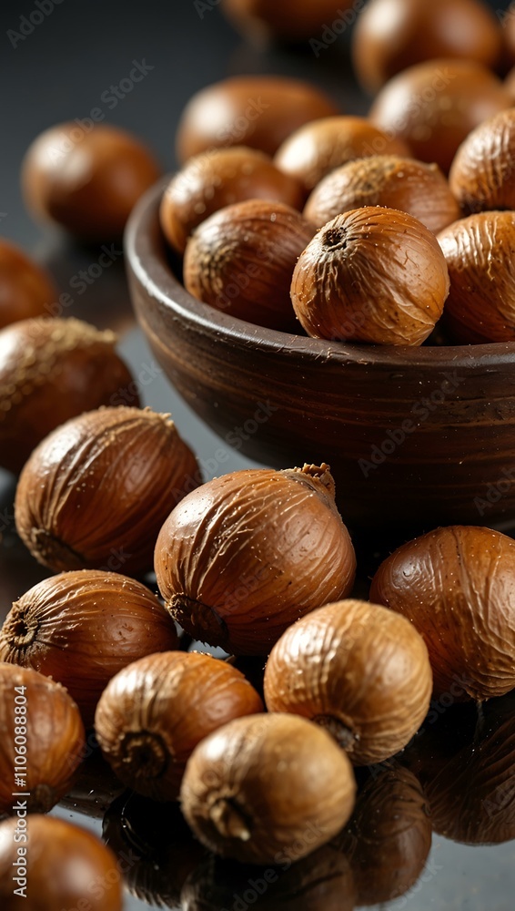 Fresh hazelnuts on a reflective surface with rich textures. Fresh hazelnuts on a reflective surface with rich textures.