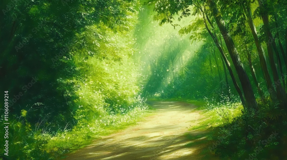 Obraz premium Serene Forest Pathway with Sunlight and Greenery