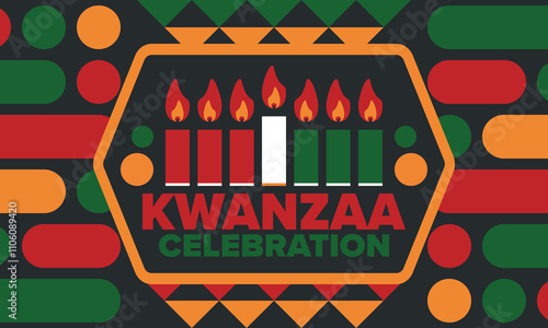 Kwanzaa Happy Celebration. African and African-American culture holiday. Seven days festival, celebrate annual from December 26 to January 1. Black history. Poster, card, banner and background. Vector