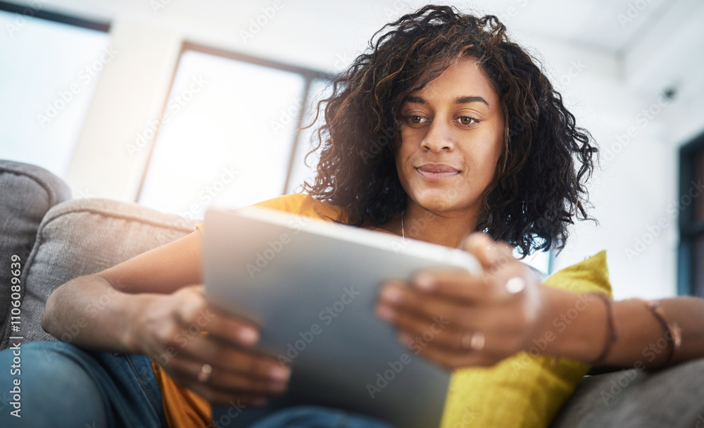 Relax, tablet and woman on sofa in home reading ebook or story on weekend in living room. Rest, calm and female person with digital technology for online blog for novel review in lounge at apartment. Relax, tablet and woman on sofa in home reading ebook or story on weekend in living room. Rest, calm and female person with digital technology for online blog for novel review in lounge at apartment.