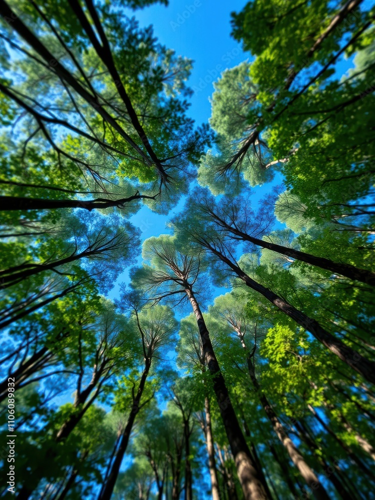 Fototapeta premium Heart shaped hole in forest canopy revealing blue sky above, open sky