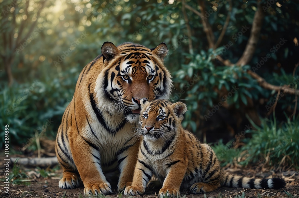 Mother Tiger Hugging Her Baby in the Wild Mother Tiger Hugging Her Baby in the Wild