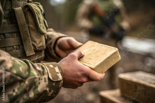 soldier hand hold military ration block. War and food supply