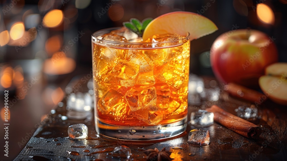 Cold cider with ice and fruit garnish Cold cider with ice and fruit garnish