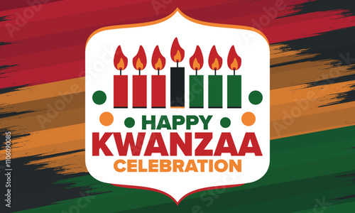 Kwanzaa Happy Celebration. African and African-American culture holiday. Seven days festival, celebrate annual from December 26 to January 1. Black history. Poster, card, banner and background. Vector