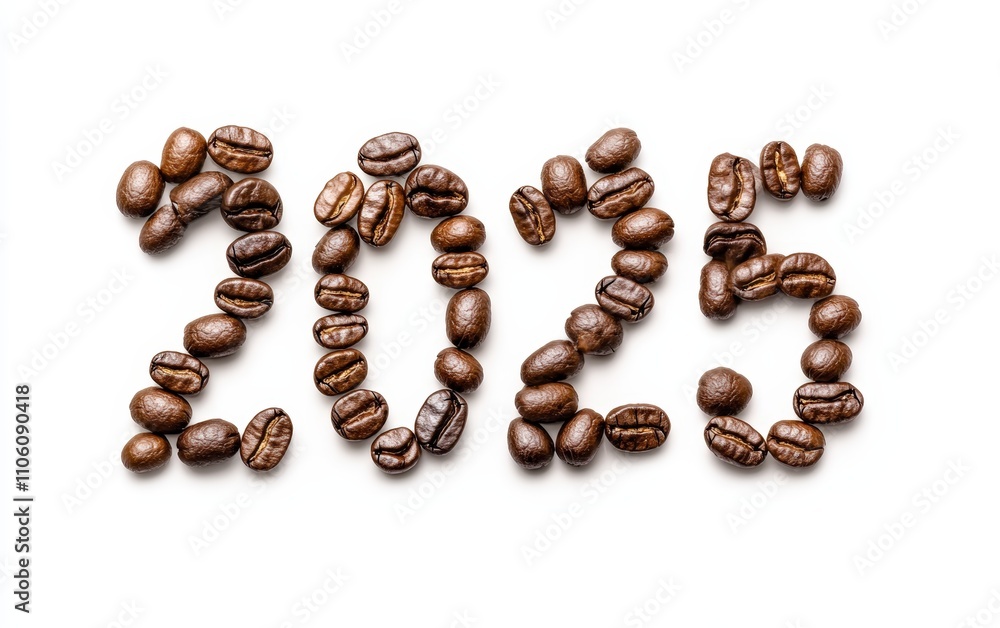 2025 Made of Coffee Beans Numbers designed with dark roasted coffee beans, arranged neatly for a rich and aromatic look. White background. 2025 Made of Coffee Beans Numbers designed with dark roasted coffee beans, arranged neatly for a rich and aromatic look. White background.