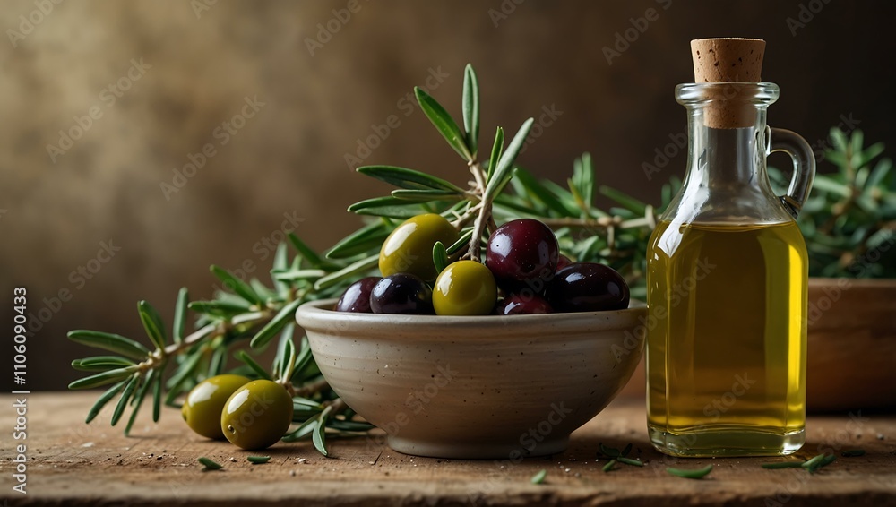 Fresh olive oil in a glass bowl with green rosemary branches. Fresh olive oil in a glass bowl with green rosemary branches.