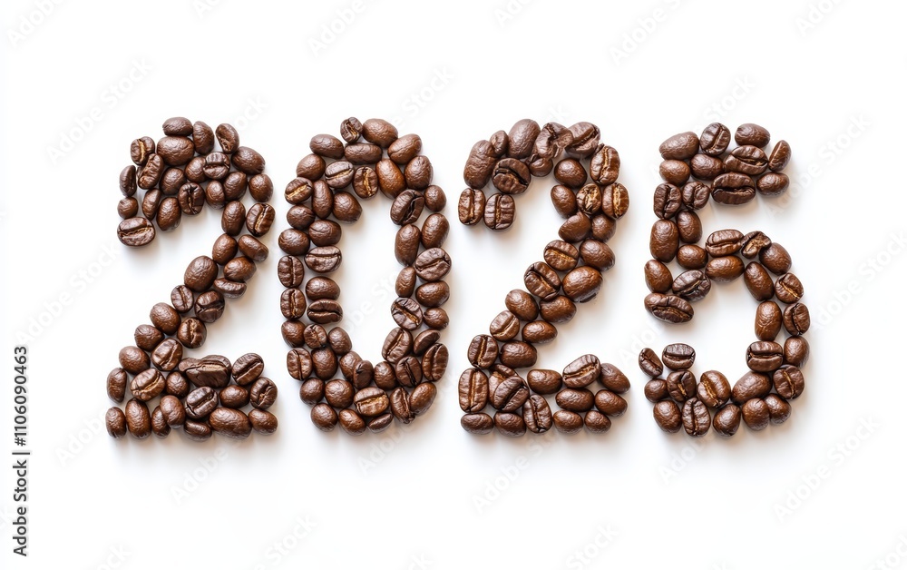 2025 Made of Coffee Beans Numbers designed with dark roasted coffee beans, arranged neatly for a rich and aromatic look. White background. 2025 Made of Coffee Beans Numbers designed with dark roasted coffee beans, arranged neatly for a rich and aromatic look. White background.
