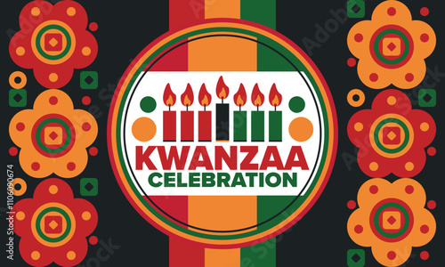 Kwanzaa Happy Celebration. African and African-American culture holiday. Seven days festival, celebrate annual from December 26 to January 1. Black history. Poster, card, banner and background. Vector