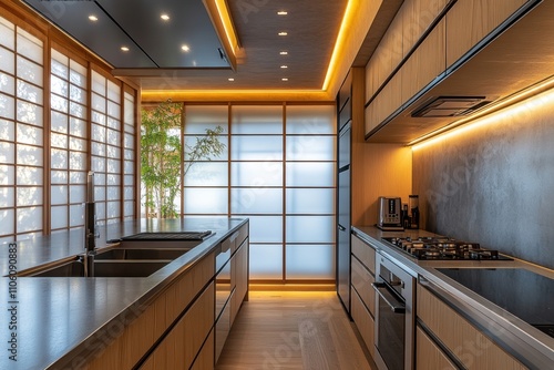 luxury kitchen design, contemporary japanese kitchen featuring high-tech appliances and frosted glass backsplash for a sleek look photo