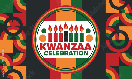 Kwanzaa Happy Celebration. African and African-American culture holiday. Seven days festival, celebrate annual from December 26 to January 1. Black history. Poster, card, banner and background. Vector