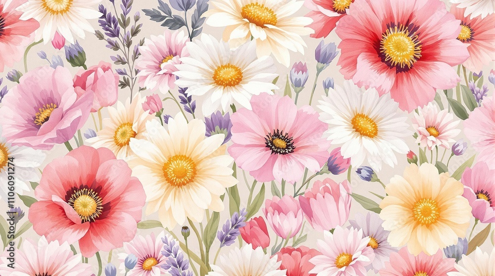 Fototapeta premium Cheerful watercolor daisies and poppies in a repeating pattern, print, wallpaper