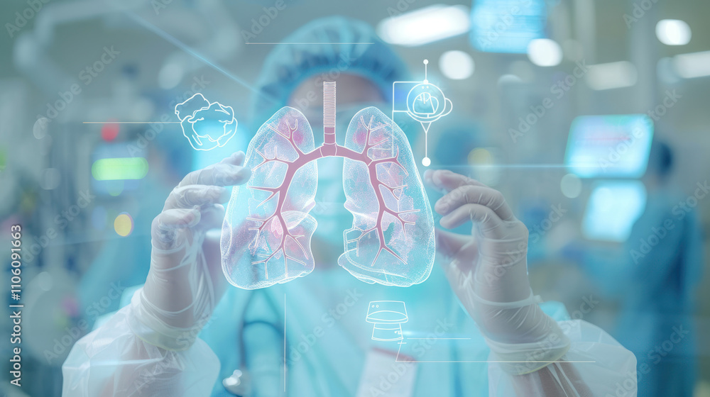 a doctor in a medical uniform demonstrating a three-dimensional holographic model of human lungs. a doctor in a medical uniform demonstrating a three-dimensional holographic model of human lungs.
