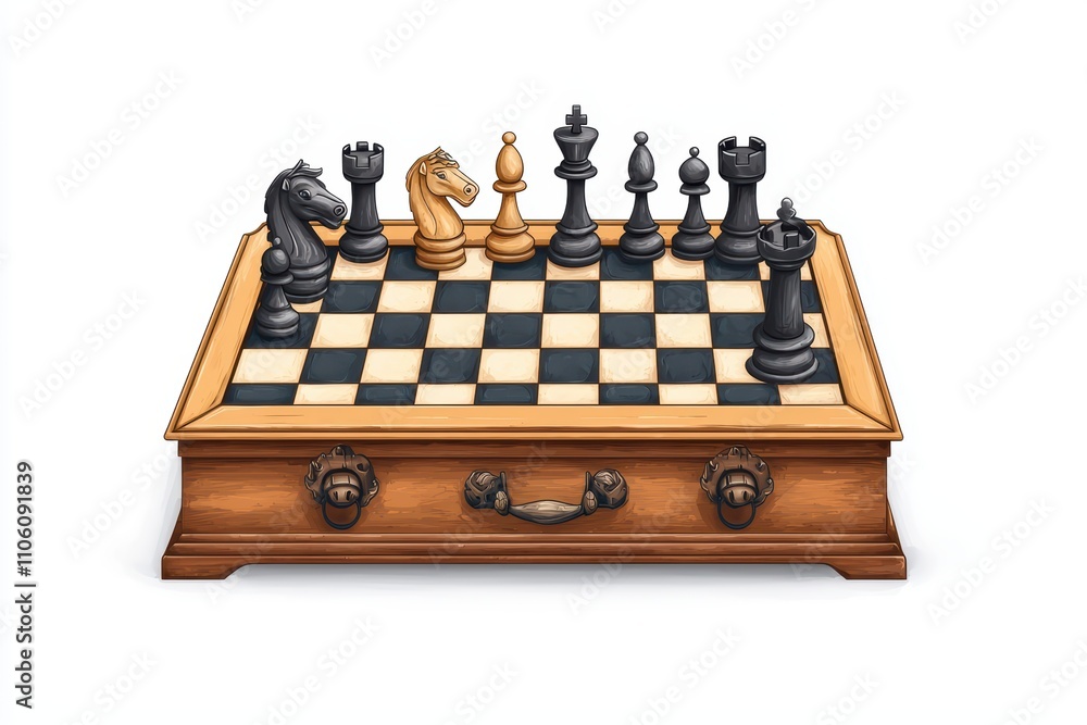 Classic chessboard with intricate wooden details and elegantly crafted pieces on a contrasting checkerboard. Classic chessboard with intricate wooden details and elegantly crafted pieces on a contrasting checkerboard.