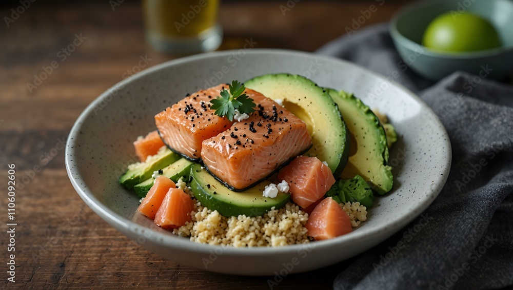 Fresh salmon bowl with avocado, couscous, and cream cheese. Fresh salmon bowl with avocado, couscous, and cream cheese.
