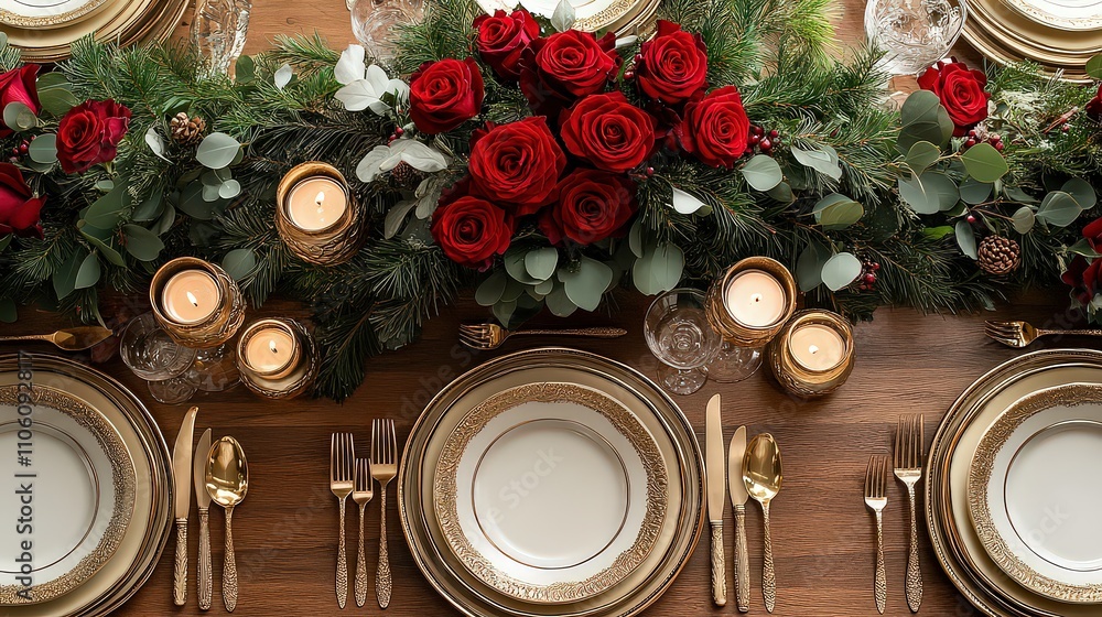 Grand holiday table adorned with golden cutlery, chargers in matching metallic tones, surrounded by centerpiece of red roses, gold candles, and seasonal greenery. Grand holiday table adorned with golden cutlery, chargers in matching metallic tones, surrounded by centerpiece of red roses, gold candles, and seasonal greenery.